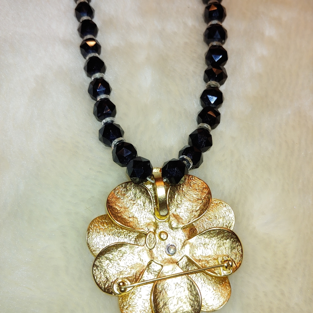 Vintage Gold-tone & Crystal Double Petal Flower Brooch/Clip-on Pendant 2" - Picture 5 of 9
